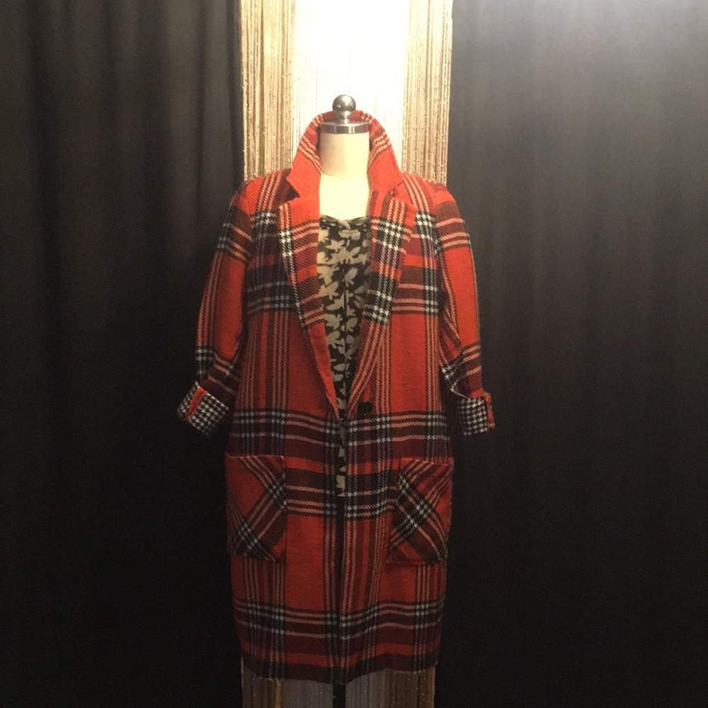 Women's Orange Plaid Mid-Length Peacoat with Notch Collar